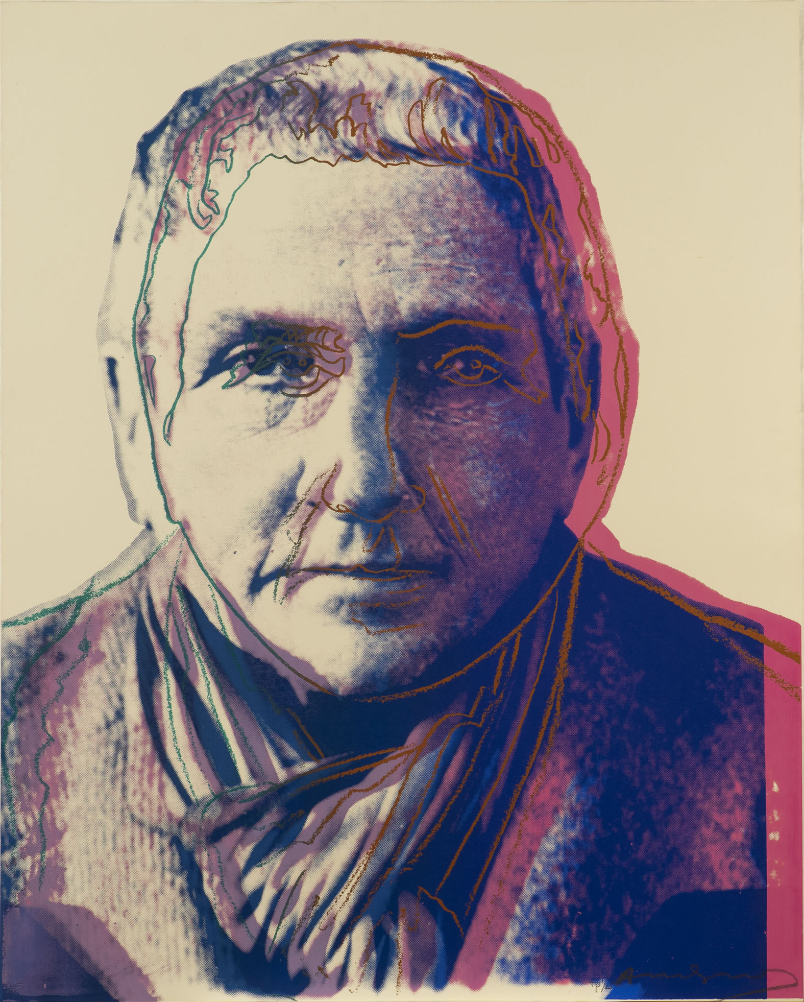 Andy Warhol
Gertrude Stein, 1980
From 'Ten Portraits of Jews of the Twentieth Century' portfolio of 10 silkscreen prints
unique screenprint on Lenox Museum Board
40 x 32 inches 
Trial Proof 1/25
Courtesy Ronald Feldman Gallery, New York
© The Andy Warhol Foundation for the Visual Arts / Artists Rights Society (ARS), New York / Ronald Feldman Gallery, New York