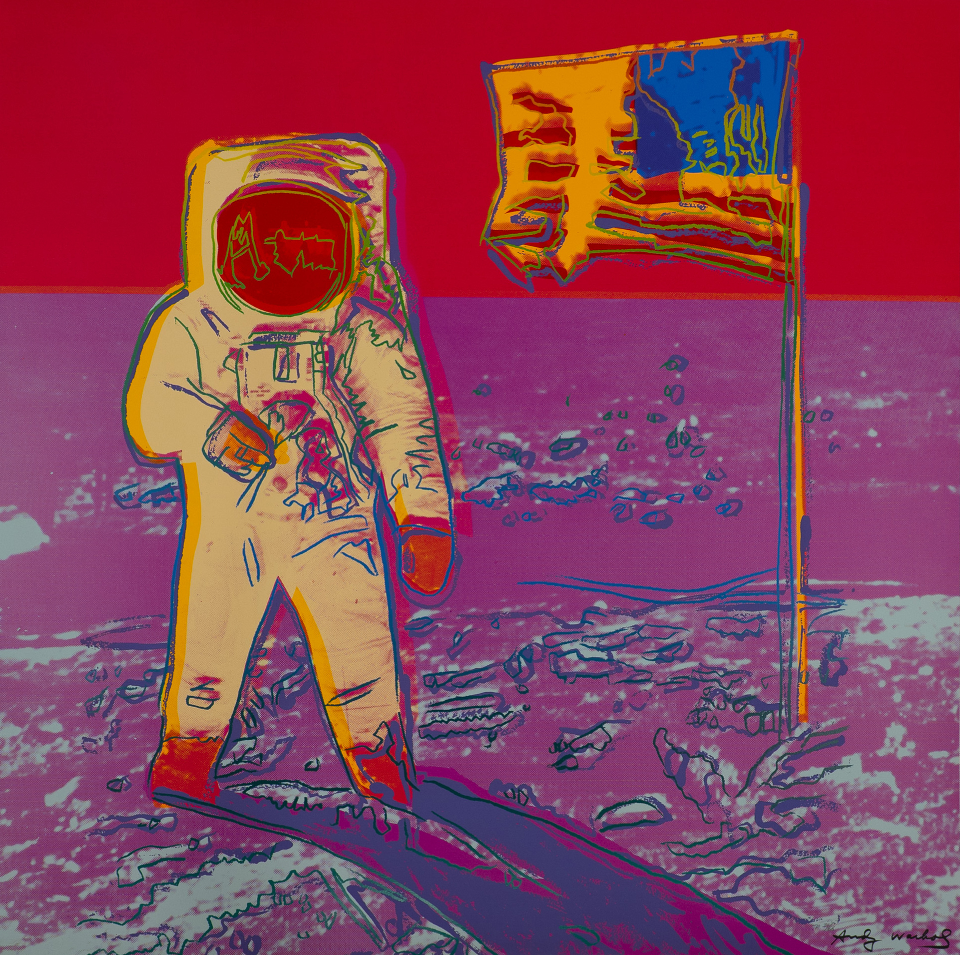 Andy Warhol
Moonwalk, 1987
screenprint on Lenox Museum board
38 x 38 inches
Trial proof 31/66
Courtesy of Ronald Feldman Gallery, New York
© The Andy Warhol Foundation for the Visual Arts, Inc./Licensed by Artists Rights Society (ARS), New York/Ronald Feldman Gallery, New York